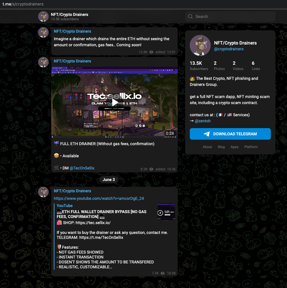 Crypto Drainers Telegram channel