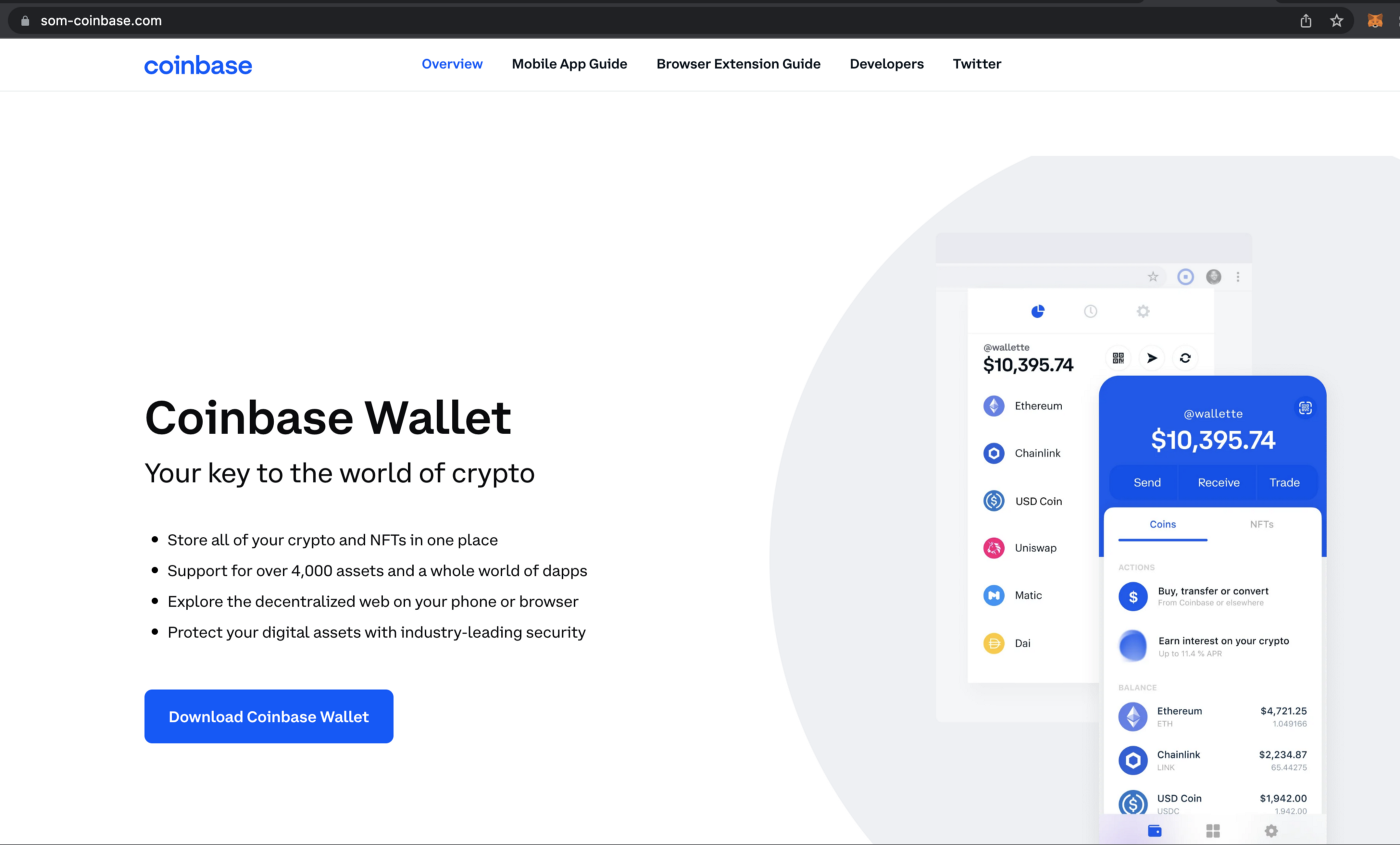 Cloned Coinbase Wallet website hosted at som-coinbase[.]com