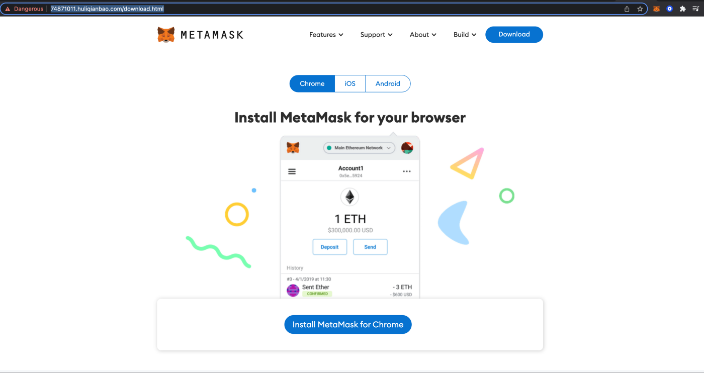 Cloned Metamask website, hosted at: https://74871011[.]huliqianbao[.]com/download.html
