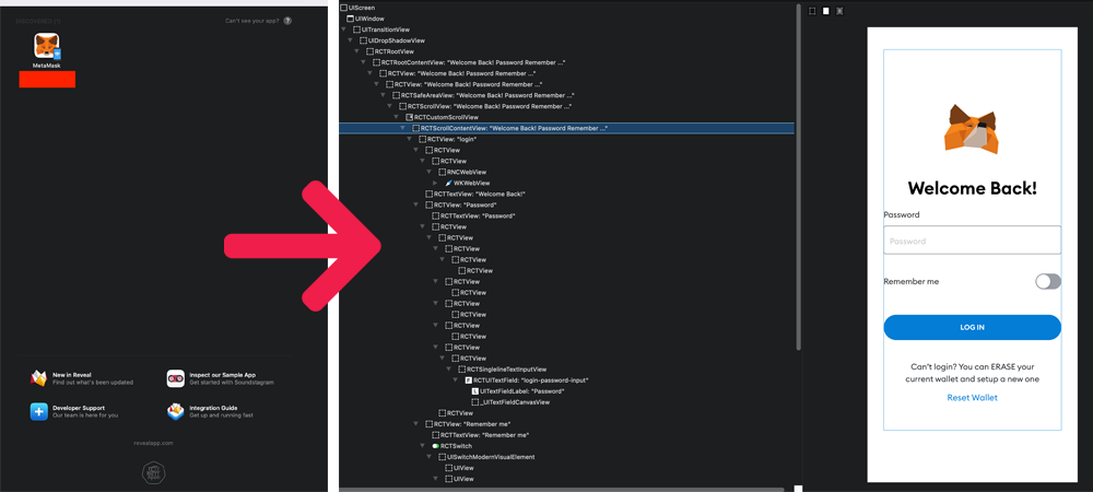 Reveal Framework installed on the backdoored metamask ios app